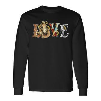 Sunflower Love Horse Steel Western Leather Pattern Print Long Sleeve T-Shirt | Mazezy