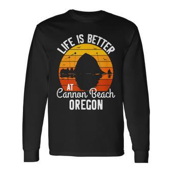 Sunset Haystack Rock Souvenir Life Is Better At Cannon Beach Long Sleeve T-Shirt - Monsterry UK
