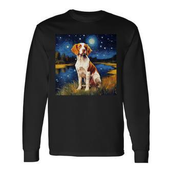 Surreal Starry Night Brittany Spaniel Dog Long Sleeve T-Shirt - Seseable