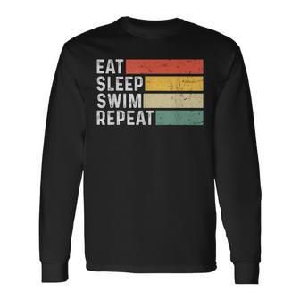 Swimming Swimmer Retro Vintage Eat Sleep Swim Repeat Long Sleeve T-Shirt - Monsterry UK