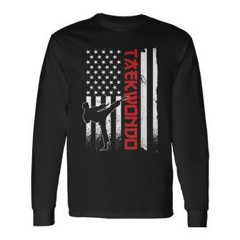 Taekwondo American Flag Taekwondo Fighter Us Flag Long Sleeve T-Shirt - Monsterry UK