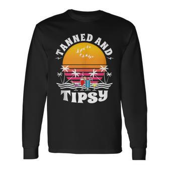 Tanned And Tipsy Beach Drinking Retro Sunset Summer Vacation Long Sleeve T-Shirt - Monsterry AU