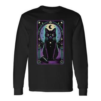Tarot Card Crescent Moon Black Cat Lover Tarot Cat Vintage Long Sleeve T-Shirt - Monsterry CA