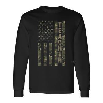 Teacher United States Distressed Camo W Us Flag Long Sleeve T-Shirt - Monsterry AU