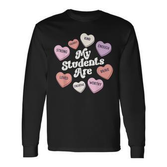 Teacher Valentines Day Positive Affirmations Candy Hearts Long Sleeve T-Shirt - Monsterry DE