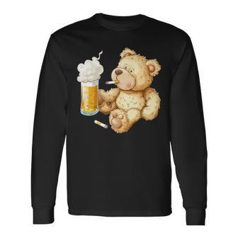 Teddy Bear Smokes And Drinks Beer For Men's Day Father's Day Long Sleeve T-Shirt - Monsterry