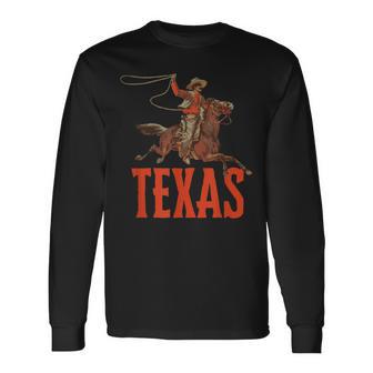 Texas Retro Roping Cowboy Vintage Graphic Long Sleeve T-Shirt - Monsterry