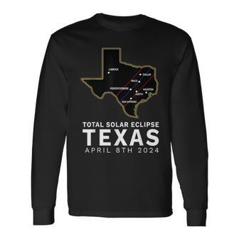 Texas Total Solar Eclipse 2024 Path Of Totality Texas Map Long Sleeve T-Shirt - Monsterry DE