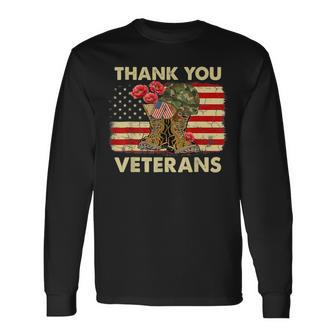 Thank You Veteran Veterans Day American Us Flag Poppy Flower Long Sleeve T-Shirt - Monsterry UK
