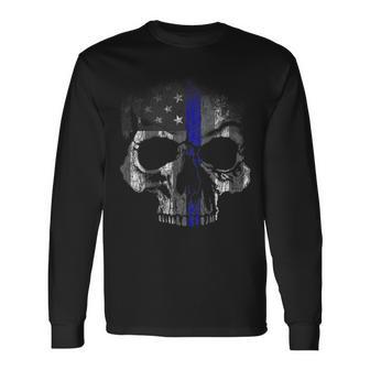 Thin Blue Line Police Usa Skull Flag Law Enforcement Support Long Sleeve T-Shirt - Monsterry CA