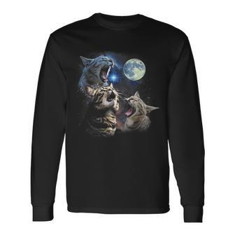 Three Tabby Cat Starry Night Cats Howling At The Moons Long Sleeve T-Shirt - Monsterry DE