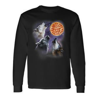 Three Wolf With Pizza Moon Vintage Wolf Lover Long Sleeve T-Shirt - Monsterry