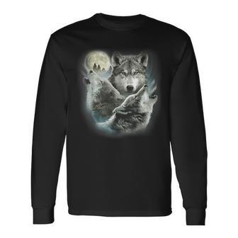 Three Wolves Howling At The Moon Wolf Lover Long Sleeve T-Shirt - Thegiftio UK