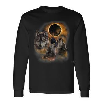 Three Wolves And Solar Eclipse Forest Wolf Animals Wild Long Sleeve T-Shirt | Mazezy