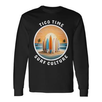 Tico Time Surf Culture Costa Rican Surfboard Vibe Long Sleeve T-Shirt - Monsterry