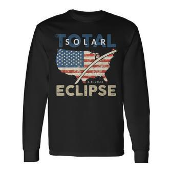 Total Solar Eclipse 0408 2024 Path Of Totality Map Usa Flag Long Sleeve T-Shirt - Monsterry CA