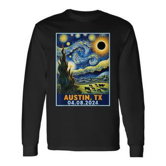 Total Solar Eclipse 2024 Austin Texas Van Gogh Starry Night Long Sleeve T-Shirt | Mazezy