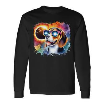 Total Solar Eclipse 2024 Colorful Beagle Dog Wearing Glasses Long Sleeve T-Shirt - Monsterry CA