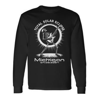 Total Solar Eclipse 2024 Michigan Skeleton Electric Guitar Long Sleeve T-Shirt - Monsterry DE