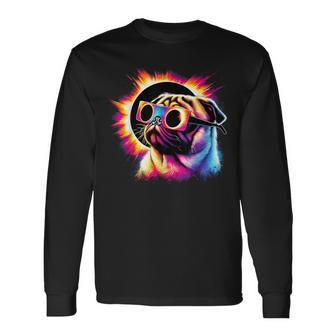 Total Solar Eclipse 2024 Pug Dog With Solar Eclipse Glasses Long Sleeve T-Shirt - Monsterry