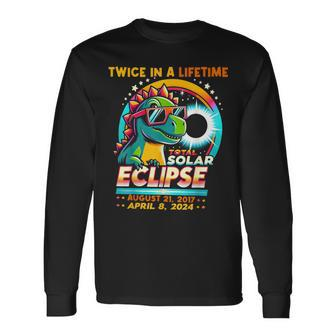 Total Solar Eclipse 2024 T Rex Dinosaur Wearing Glasses Long Sleeve T-Shirt - Monsterry AU