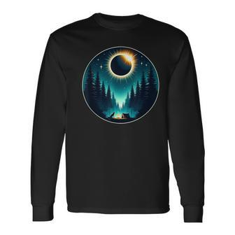 Total Solar Eclipse Apirl 08 2024 With Wolf Graphic Long Sleeve T-Shirt - Thegiftio UK