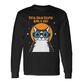 Total Solar Eclipse April 8Th 2024 Cat Wearing Eclipse Glass Long Sleeve T-Shirt - Monsterry UK
