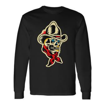 Traditional Cowboy Skull Tattoo Long Sleeve T-Shirt - Seseable