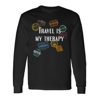 Travel Is My Therapy Distressed World Traveler Passport Long Sleeve T-Shirt - Monsterry