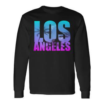 Turquoise Pink Tropical Palm Tree Los Angeles Long Sleeve T-Shirt - Monsterry