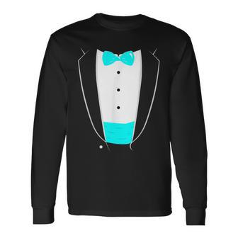 Tuxedo T With Aqua Bow Tie And Cummerbund Long Sleeve T-Shirt - Monsterry