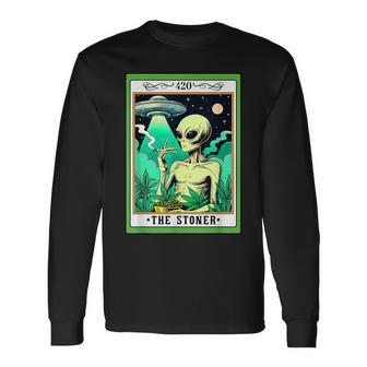 Ufo Alien Smoking Cannabis Weed 420 The Stoner Tarot Card Long Sleeve T-Shirt - Seseable