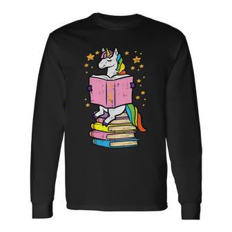 Unicorn Read Reading Book Librarian America Girls Women Long Sleeve T-Shirt | Mazezy