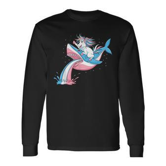 Unicorn Riding Trans Pride Shark Transgender Long Sleeve T-Shirt - Thegiftio UK