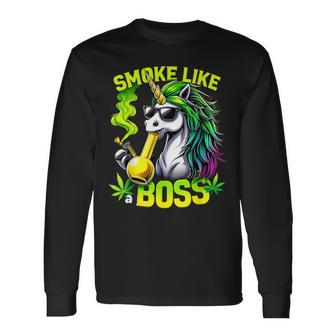 Unicorn Smoke Like A Boss Weed Pot Leaf Marijuana Bong Long Sleeve T-Shirt - Thegiftio UK