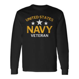 United States Navy Veteran With Stars Distressed Long Sleeve T-Shirt - Monsterry