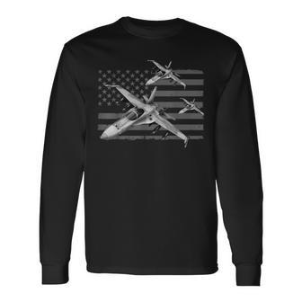 Us Jet Fighters Squadron American Flag Graphic Long Sleeve T-Shirt - Monsterry