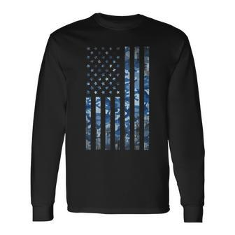 Us Navy Camo Veteran American Flag Military Blue Long Sleeve T-Shirt - Monsterry UK