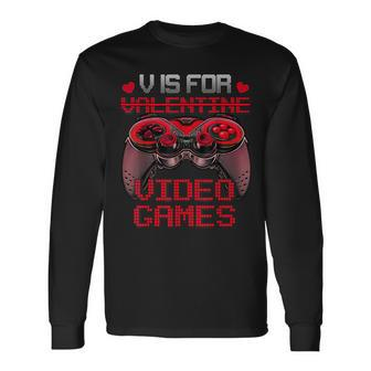 V Is For Video Games Controller Valentines Day Boys Mens Long Sleeve T-Shirt | Mazezy AU