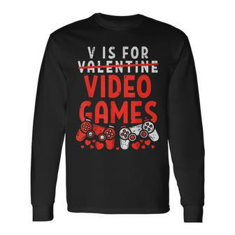 V Is For Video Games Valentine Gamer Valentines Day Boy Long Sleeve T-Shirt - Monsterry DE