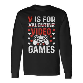 V Is For Video Games Valentines Day Video Gamer Boy Men Long Sleeve T-Shirt - Monsterry AU