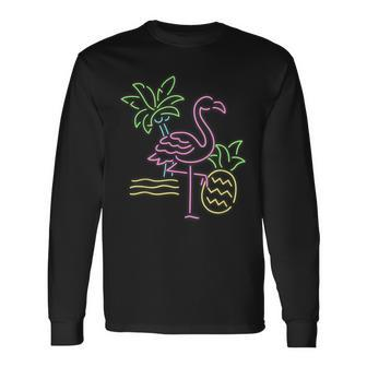 Vacation Palms Pineapple Travel Flamingo Long Sleeve T-Shirt - Monsterry