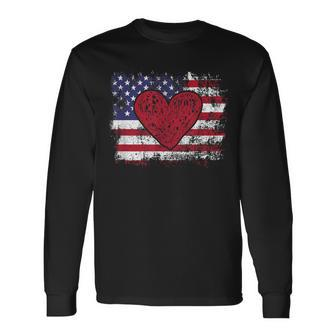 Valentine's Day American Flag Red Hearts Us Patriotic Love Long Sleeve T-Shirt - Monsterry