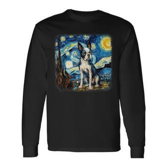 Van Gogh Boston Terrier In Starry Night Long Sleeve T-Shirt - Thegiftio UK