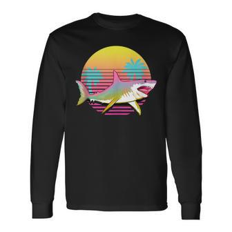 Vaporwave Shark Retro 80'S 90'S Aesthetic Sunrise Graphic Long Sleeve T-Shirt - Monsterry