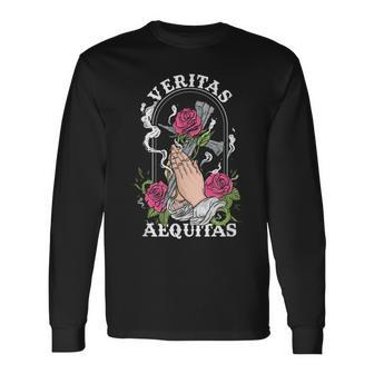 Veritas Aequitas Cross Roses Praying Hands Pray God Long Sleeve T-Shirt - Monsterry CA