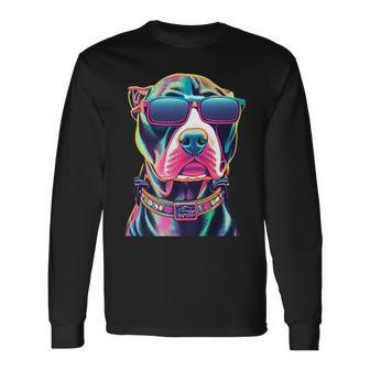 Vibrant Pitbull Wearing Sunglasses Long Sleeve T-Shirt - Monsterry AU