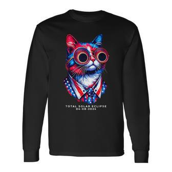 View American Totality 2024 Cat With Glasses Solar Eclipse Long Sleeve T-Shirt | Mazezy