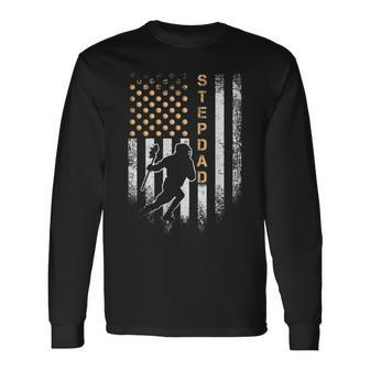 Vintage American Flag Proud Lacrosse Stepdad Lax Silhouette Long Sleeve T-Shirt - Monsterry UK