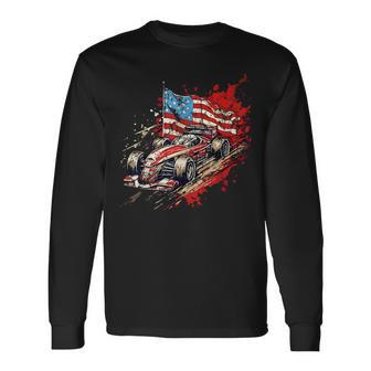 Vintage Auto Racing Car American Flag 4Th Of July Auto Race Long Sleeve T-Shirt - Monsterry